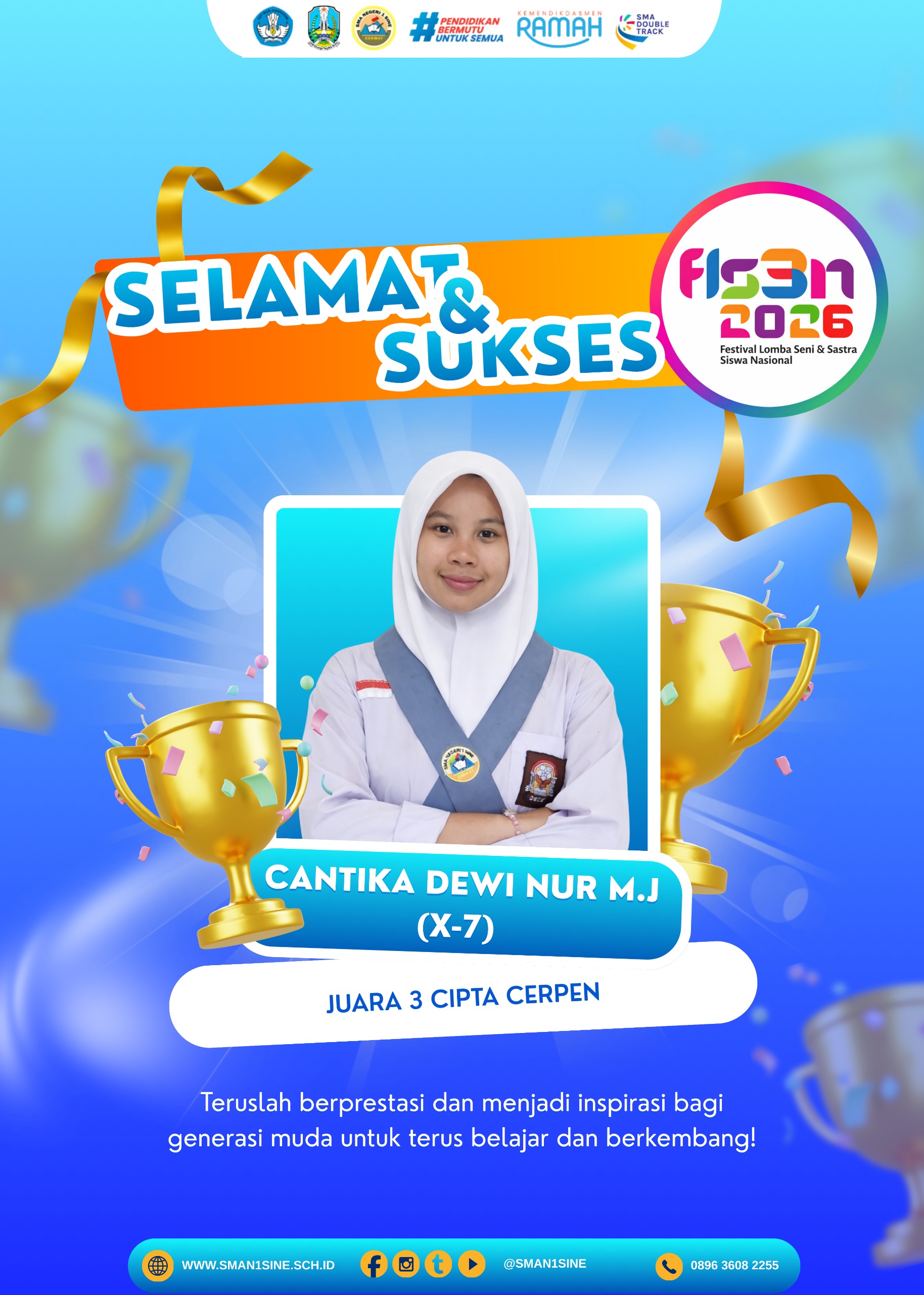 Cantika Dewi Miftaqul Janah siswi sma negeri 1 sine Raih Juara 3 Cipta Cerpen